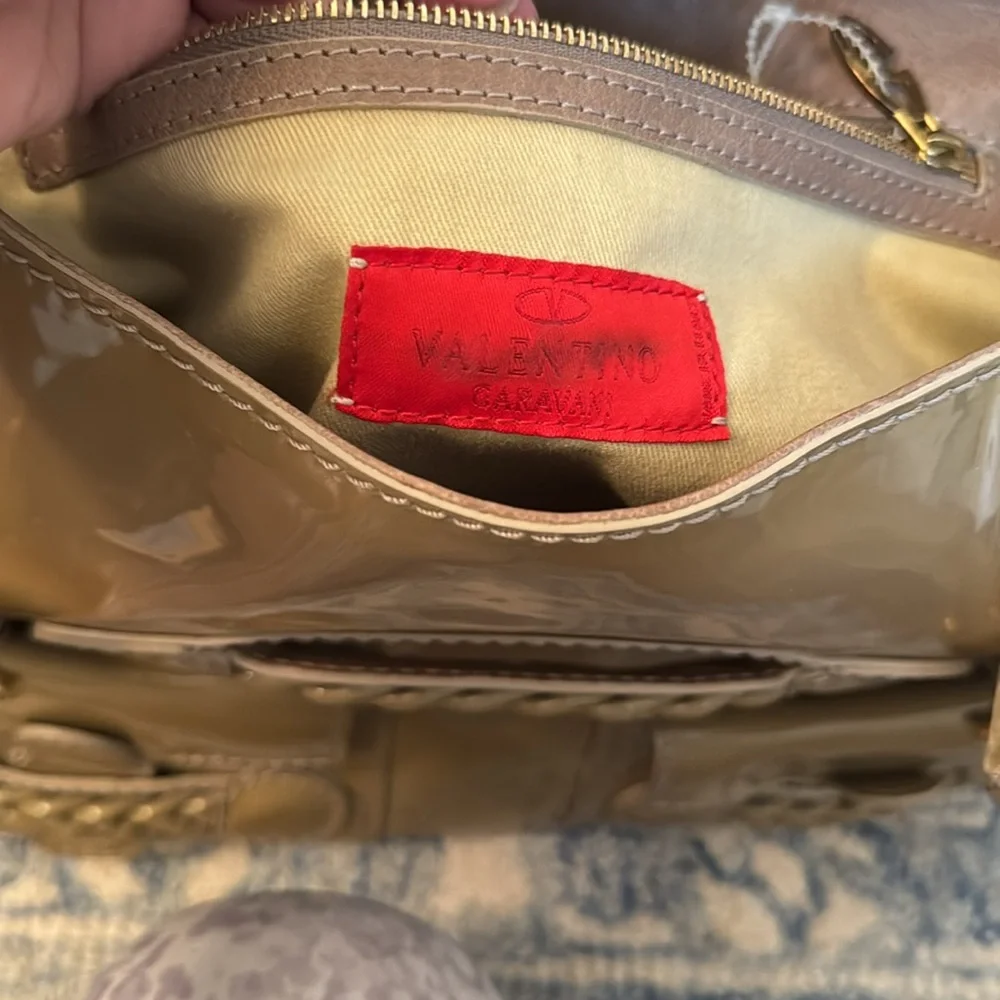 Valentino Garavani Camel Brown Braided-Handle Patent Satchel - Picture 7 of 13